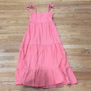 Pink Lily Tiered Woman’s Dress with Bow Straps. Peach Colored